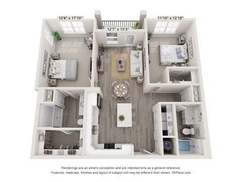 Floor plan for 2 beds, 2 baths, 1077 sqft